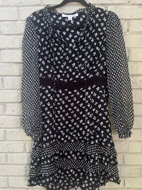 Diane Von Furstenberg DVF Black and White Floral Long-Sleeve Dress